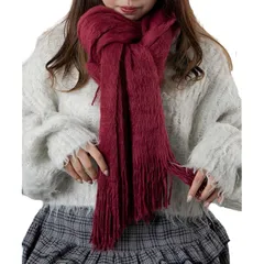 【新品】 [ウィゴー] 男女兼用 大判 マフラー ストール チェック 無地 スクール 学生 中学生 高校生 大人 プレゼント ギフト クリスマス 定番 秋 冬 レディース メンズ F シャギー ワイン 1