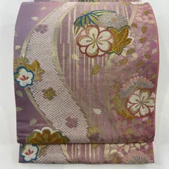 袋帯 秀品 松竹梅 花 刺繍 金銀糸 ピンク 六通 正絹 【中古】
