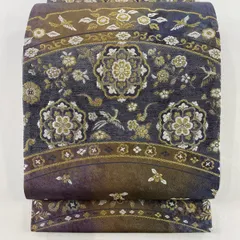 【美品】 袋帯 秀品 華文 花鳥 金糸 刺繍 青紫 六通 正絹 【中古】