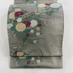 袋帯 秀品 舟 菊 唐織 灰色 六通 正絹 【中古】