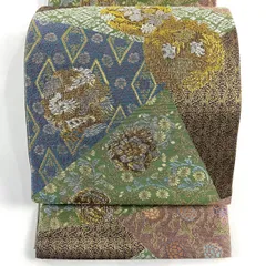 【美品】 袋帯 名品 向かい鳥 花唐草 金銀糸 箔 茶紫 六通 正絹 【中古】