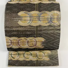 【美品】 袋帯 名品 丸文 幾何学模様 金糸 箔 灰茶 六通 正絹 【中古】