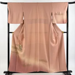 付下げ 身丈157cm 裄丈66.5cm M 袷 花鳥 霞 箔 金彩 ピンクベージュ 正絹 秀品 【中古】