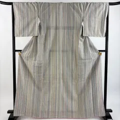 【美品】 結城紬 身丈166cm 裄丈68cm L 袷 はたおり娘 奥順 やまと 証紙 縦縞 灰白 正絹 逸品 【中古】