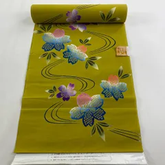 反物 優品 小紋 四季の花木染 桜 流水 茶緑色 綿 【中古】