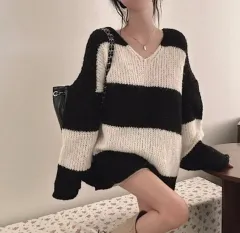 ラブアンドサム バイカラー ボーダー柄 オーバーサイズ ニット ブラック