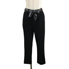 ローリーズファーム LOWRYS FARM パンツ テーパード ロング タック ウエストゴム 無地 リボンベルト M 黒 ブラック