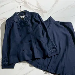 激レア✨️ハナエモリ HANAE MORI フラワー刺繍スカートセットアップ ダブルブレストジャケット 膝丈スカート フォーマル 11号 L相当 お受験  入学式 卒業式 セレモニー ネイビー 紺