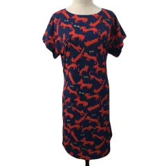 ツモリチサト TSUMORI CHISATO ワンピース Iライン ひざ丈 リボン プリント 総柄 半袖 2 紺 赤 ネイビー レッド