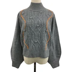 ミエット miette セーター ニット ハイネック プルオーバー ケーブル編み 長袖 F グレー オレンジ