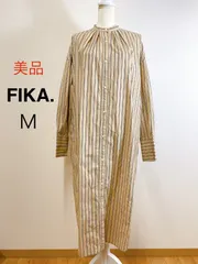 美品 FIKA. ノーカラー ストライプシャツワンピース ベージュ シャツワンピース ロングワンピース ロング丈 きれいめ カジュアル バンドカラー ロングカフス M