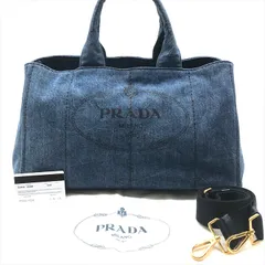 良品 PRADA カナパ 2WAY ショルダー トート ハンド バッグ デニム ブルー レディース ブランド かばん 鞄 r436