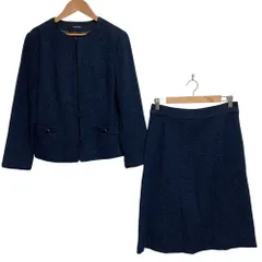 美品 NEW YORKER ニューヨーカー ツイード ノーカラー ジャケット スカート スーツ セットアップ サイズ13 ネイビー レディース 古着 中古 USED