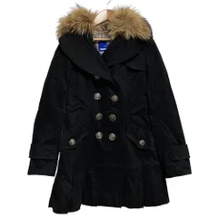 美品 BURBERRY BLUE LABEL バーバリーブルーレーベル 裏地チェック ラクーンファー付き ベロアコート サイズ38 ブラック レディース 古着 中古 USED