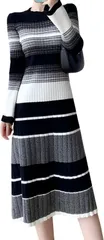 Kopi ニットワンピース 膝丈 レディース タイト 長袖 ボーダー aライン きれいめ ロングワンピース フレア マルチ 綺麗め ミディ丈 ガーリー デート 上品 低身長 ミモレ 派手 韓国 (グレー,  L)