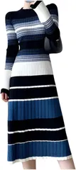 Kopi ニットワンピース 膝丈 レディース タイト 長袖 ボーダー aライン きれいめ ロングワンピース フレア マルチ 綺麗め ミディ丈 ガーリー デート 上品 低身長 ミモレ 派手 韓国 (ブルー,  M)
