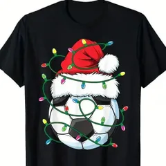 【送料無料】ジュニア キッズ ブラック サッカー クリスマスライト Tシャツ サンタ＆ゴールポストプリント 熱転写3DプリントTシャツ  パロディ 子供服 男の子 女の子 小学生 中学生  半袖 トップス スポーツ キャンプ 夏服 コットン100%
