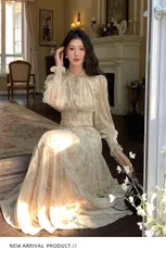 小花柄 ワンピース ロング リボン結び丈 シャーリング マキシワンピ ライン リゾートスタイル フリルネック 長袖 カクテルドレス フレアワンピース きれいめ おしゃれ 上品