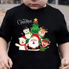 【送料無料】ジュニア キッズ クリスマスTシャツ - サンタ、トナカイ、エルフプリント付き「メリークリスマス」 熱転写3DプリントTシャツ  パロディ 子供服 男の子 女の子 小学生 中学生  半袖 トップス スポーツ キャンプ 夏服 コットン100%