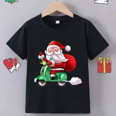 【送料無料】ジュニア キッズ サンタがスクーターに乗ったクリスマスTシャツ 熱転写3DプリントTシャツ  パロディ 子供服 男の子 女の子 小学生 中学生  半袖 トップス スポーツ キャンプ 夏服 コットン100%