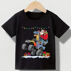 【送料無料】ジュニア モンスタートラック＆恐竜サンタプリント、お祭りパーティースタイルトップ、ホリデーギフト 熱転写3DプリントTシャツ  パロディ 子供服 男の子 女の子 小学生 中学生  半袖 トップス スポーツ キャンプ 夏服