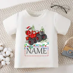 【送料無料】ジュニア トラック＆サンタクロース柄プリント、カジュアルでファッショナブルな万能ラウンドネック 熱転写3DプリントTシャツ  パロディ 子供服 男の子 女の子 小学生 中学生  半袖 トップス スポーツ キャンプ 夏服