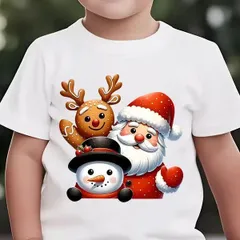 【送料無料】ジュニア クリスマス＆ウィンターサンタトナカイ雪だるまプリント 熱転写3DプリントTシャツ  パロディ 子供服 男の子 女の子 小学生 中学生  半袖 トップス スポーツ キャンプ 夏服