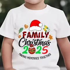 【送料無料】ジュニア 家族マッチング2025年プリント（ジンジャーブレッド、キャンディケーン、雪の結晶付き） 熱転写3DプリントTシャツ  パロディ 子供服 男の子 女の子 小学生 中学生  半袖 トップス スポーツ キャンプ 夏服