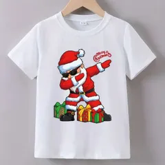 【送料無料】ジュニア キッズ サンタクロース  プリント Tシャツ、クリスマスシーズン用 熱転写3DプリントTシャツ  パロディ 子供服 男の子 女の子 小学生 中学生  半袖 トップス スポーツ キャンプ 夏服