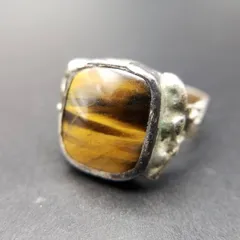 タイガーアイ カボション ソリテール ヴィンテージ リング 指輪 シルバープレート レトロ 大粒 存在感 R16-Q