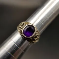 アメジストガラス オーバル ファセット 925 シルバー ヴィンテージ リング 指輪 銀 ロープ 唐草模様 オープンワーク 上品 R16-R