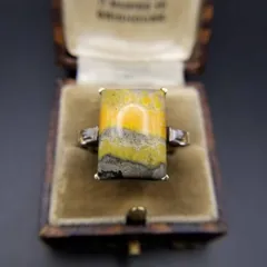 天然石 グラデーション レクタングル カボション 925 シルバー ヴィンテージ リング 指輪 銀 大粒 存在感 グレー オレンジ マーブル R16-R