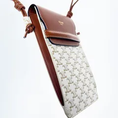 【新品・未使用】CELINE セリーヌ モバイルポーチ トリオンフ キャンバス＆ラムスキン 白 タン