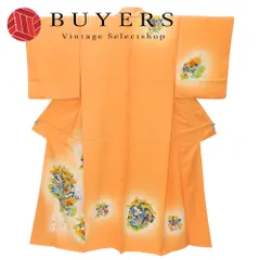 【中古】 訪問着・付下 正絹 オレンジ 手描き 和装 呉服 和服 きもの レディース 女性