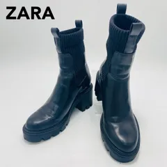 ZARA ザラ ソックスブーツ アンクルブーツ ショートブーツ 37 ブラック 厚底 チャンキーヒール トラックソール 人気モデル 完売品 美脚 脚長効果 スタイルアップ サイドゴア 通勤 通学 お出かけ モード カジュアル メンテナンス済 hws02447