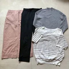 【お得！まとめ売り】【4点セット】【レディースLサイズ】 GLOBAL WORK グローバルワーク コーデュロイミドルスカート ストライプテーパードパンツ リブハイネックトップス ボーダー半袖カットソー シンプル カジュアル 定番 使える