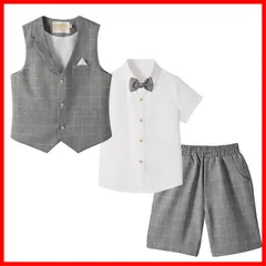 半袖ワイシャツ 夏 半ズボン ベスト チェック柄 蝶ネクタイ フォーマル グレー 男の子 結婚式 スーツ 発表会 子供 七五三 [LOLANTA] 4点セット(90-160cm)