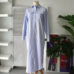 ローレン ラルフローレン ストライプ柄 ロング丈 シャツワンピース ブルー