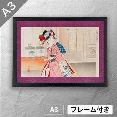 詳細不明 日本画 模写 サイン 落款あり 額装 箱付き 画寸H23×W26cm 池田輝方 「 江戸の錦 芸者 」 日本画ポスター A3 マット その03