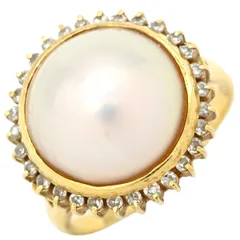 リング 指輪 パールホワイト×イエローゴールド 1P 1粒 マベパール 真珠 ダイヤ ハーフパール 18K 18金 YG ダイヤモンド  10.5号【中古】