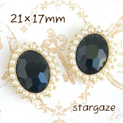 【 3個 】 21×17mm オーバル/楕円 パール付き センターパーツ ストーン ビジュー カボション ブラック×ゴールドフレーム