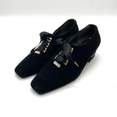LANVIN ランバン パンプス シューズ レディース 22.5cm ブラック スエード ベルベット リボン ゴールド金具 ストーン付き 上品 高級 ヴィンテージ フォーマル