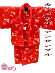 KA1193RE ≪花ラブリ≫ 　リユース　着物　アンサンブル　１１０　女の子　女児　赤系　レッド　蝶　花　井桁　　毛　ウール　綿　和装　和服　和柄　和風