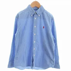 ラルフローレン RALPH LAUREN シャツ 長袖 ギンガムチェック ボタンダウン ロゴ刺繍 コットン 青 ブルー M ☆AA★ ■GY14