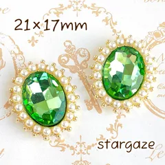 【 3個 】 21×17mm オーバル/楕円 パール付き センターパーツ ストーン ビジュー カボション ライトグリーン×ゴールドフレーム