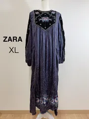 ZARA ザラ 刺繍入りミディ丈ワンピース ベロア調 ロング丈 ロングワンピース ネイビー フラワー刺繍 パフスリーブ 落ち感 ゆったりシルエット  XL