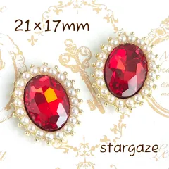 【 3個 】 21×17mm オーバル/楕円 パール付き センターパーツ ストーン ビジュー カボション レッド×ゴールドフレーム