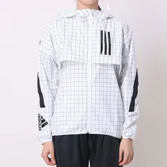 adidas Wadidas W.N.D. PRIMEBLUE Full-Zip Hoodie アディダス ウィンドジャケット フルジップ ウィンドブレーカー パーカー チェック柄 ロゴプリント バイカラー ブラック/ホワイト レディース L GJ7725