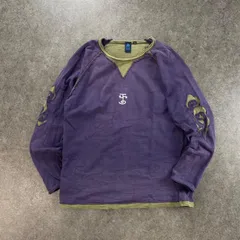 y2k ku 空 クウ カットソー スウェット トレーナー 前V ラグラン プルオーバー デザイン ロゴ刺繍 バイカラー 茄子紺 鬼フェード ヴィンテージ/USED メンズ L