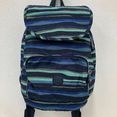 6483　KIPLING　キプリング　リュック　 バックパック　ブルー×クリーン系　 青　緑　ボーダー　総柄　ナイロン　 軽量　レディース